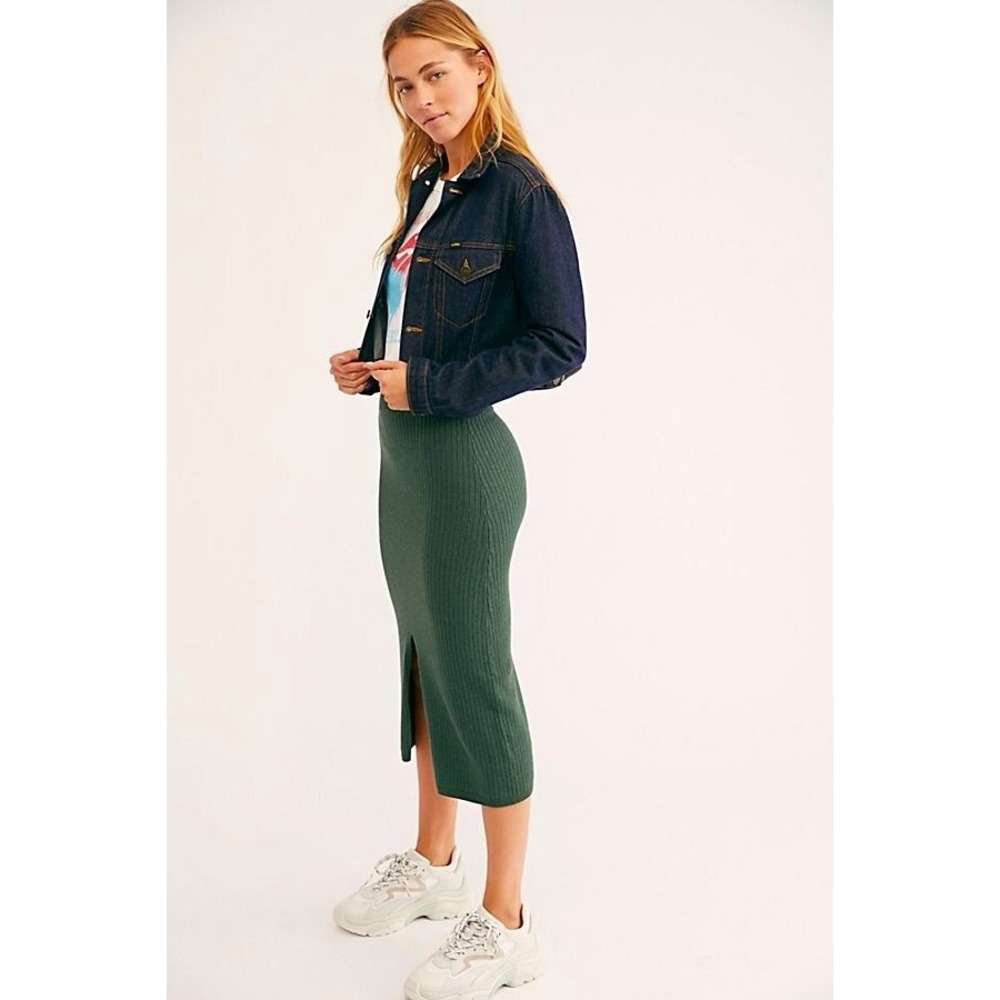 Free People Skyline Midi Skirt Green Ribbed Knit High Waist Front Slit Women's S